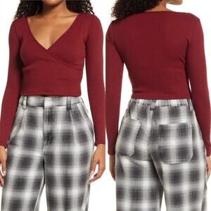 NWT BDG Burgundy Ribbed Surplice V Neck Long Sleeve Top